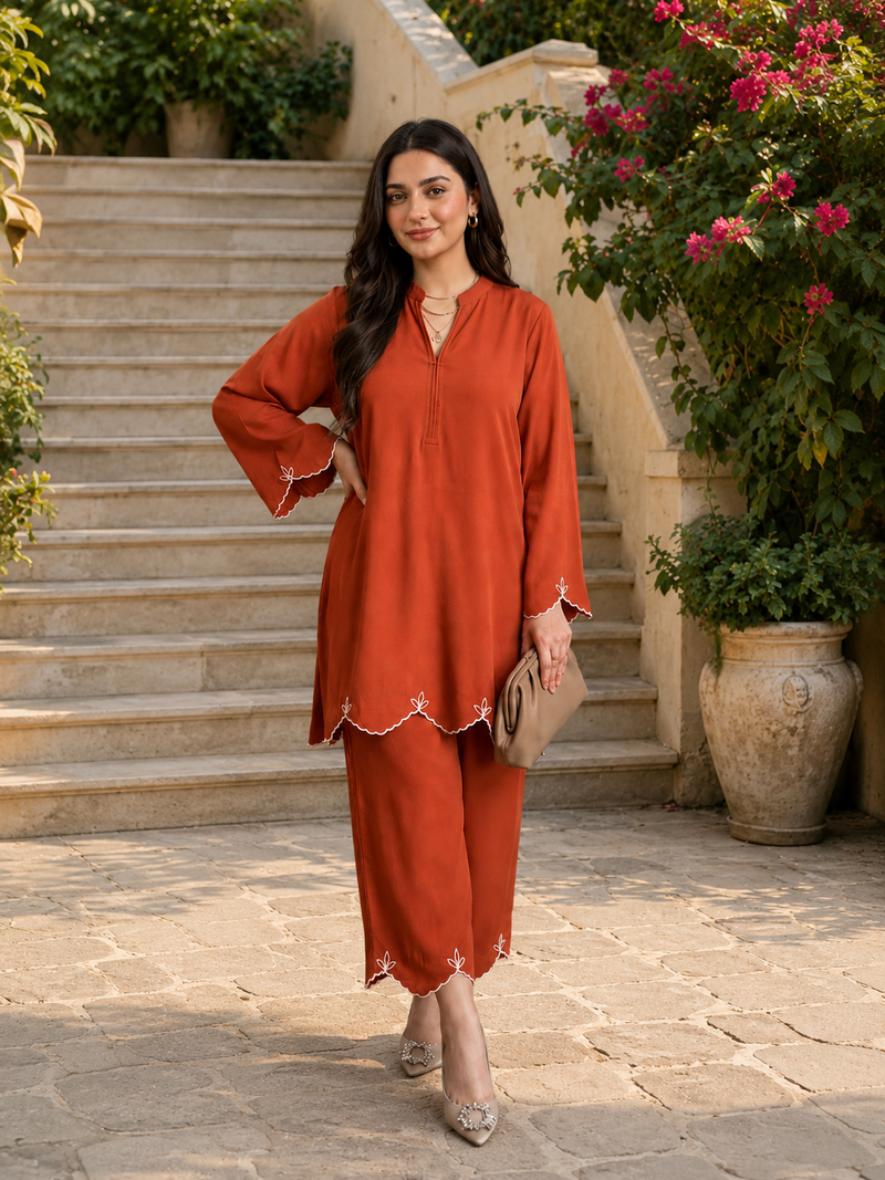 Rust Orange Embroidered Straight Kurta & Pant Set