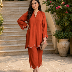 Rust Orange Embroidered Straight Kurta & Pant Set