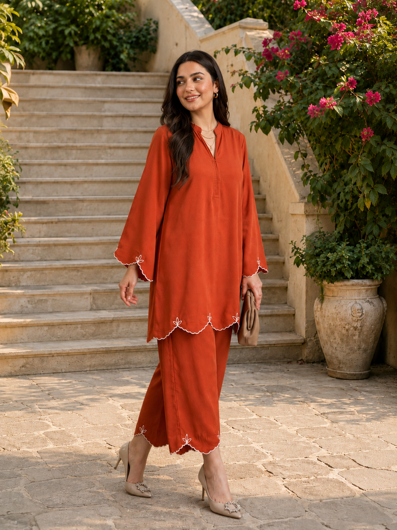 Rust Orange Embroidered Straight Kurta & Pant Set