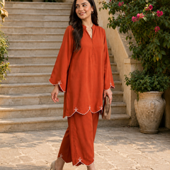Rust Orange Embroidered Straight Kurta & Pant Set