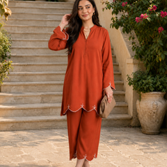 Rust Orange Embroidered Straight Kurta & Pant Set