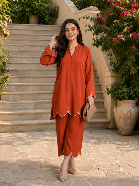 Rust Orange Embroidered Straight Kurta & Pant Set