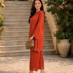 Rust Orange Embroidered Straight Kurta & Pant Set