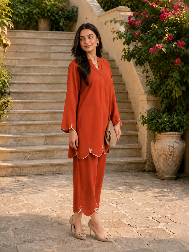 Rust Orange Embroidered Straight Kurta & Pant Set
