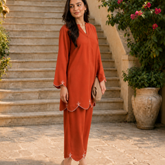 Rust Orange Embroidered Straight Kurta & Pant Set