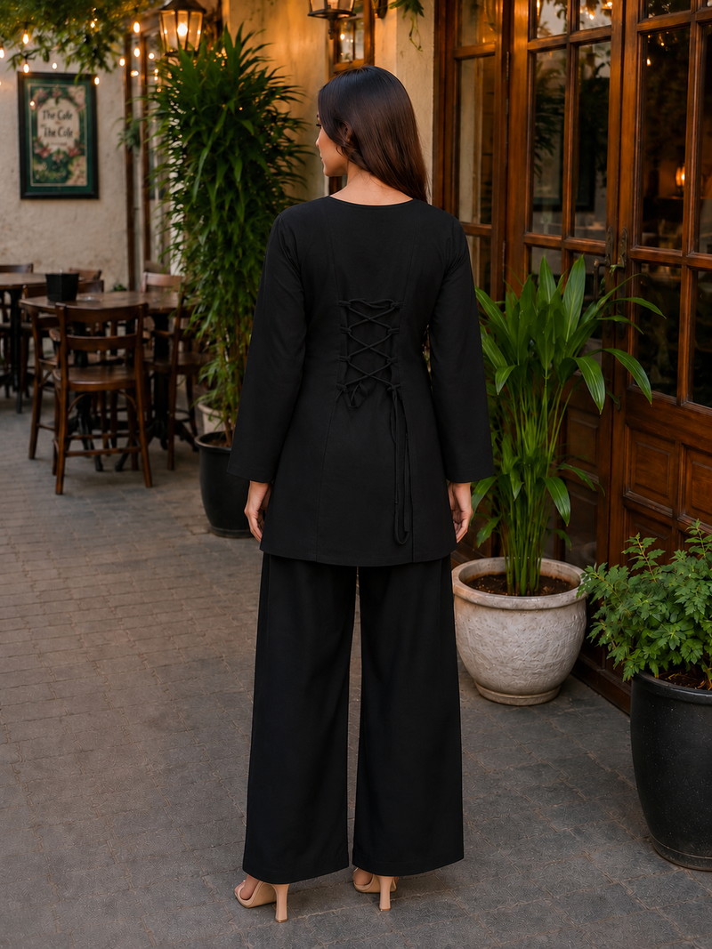 Black Solid Kurta Palazzo Set
