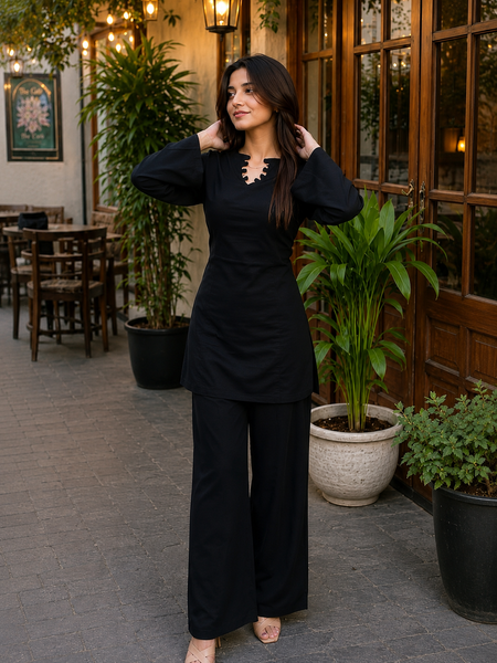 Black Solid Kurta Palazzo Set
