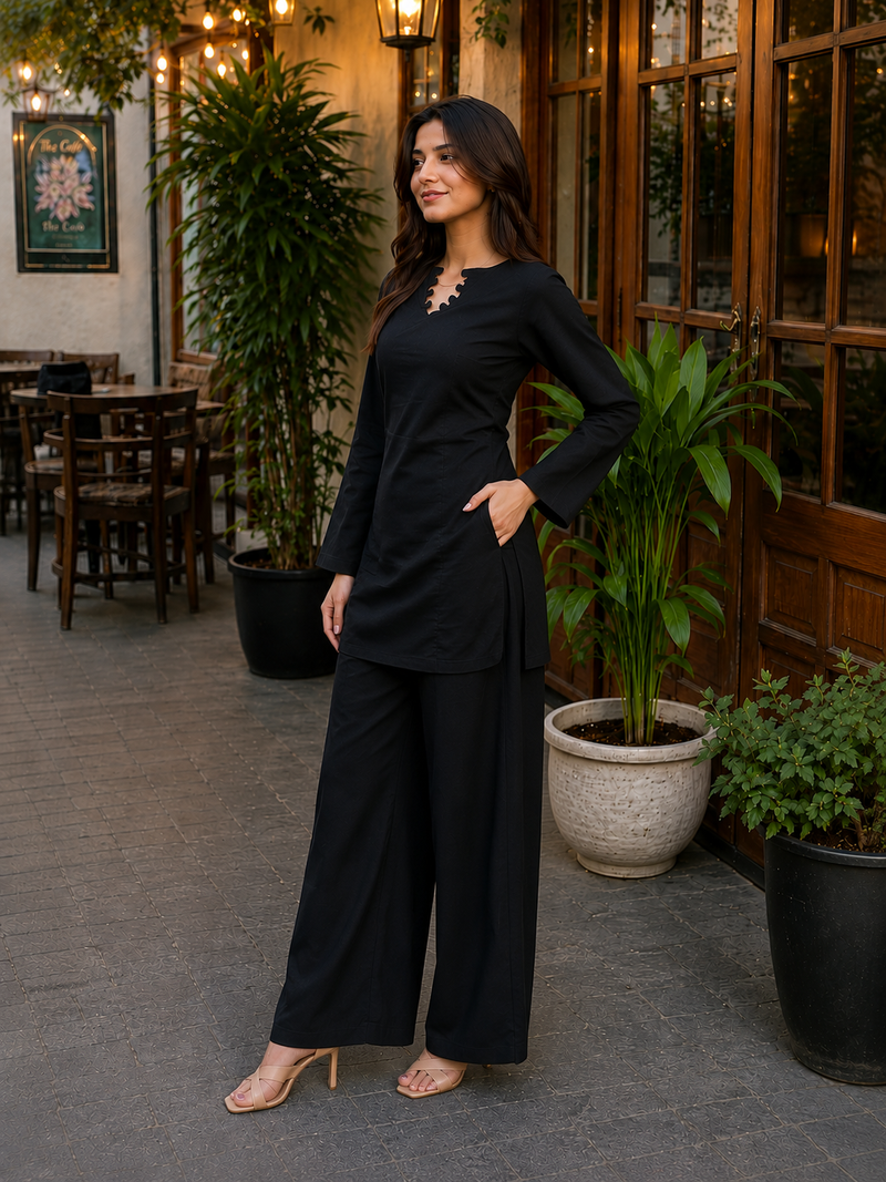 Black Solid Kurta Palazzo Set