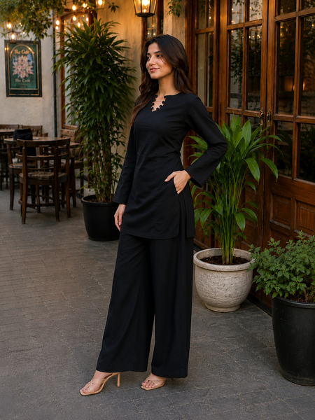 Black Solid Kurta Palazzo Set