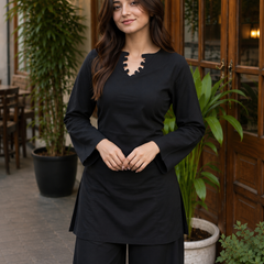 Black Solid Kurta Palazzo Set