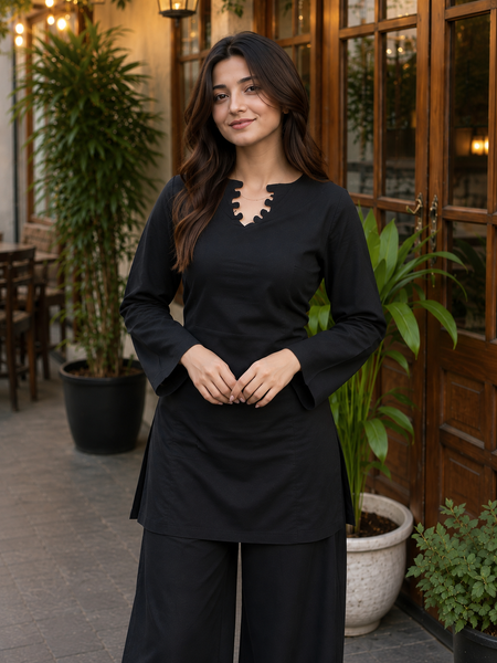 Black Solid Kurta Palazzo Set