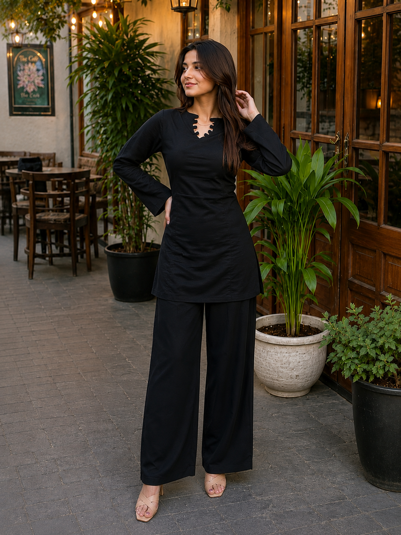 Black Solid Kurta Palazzo Set