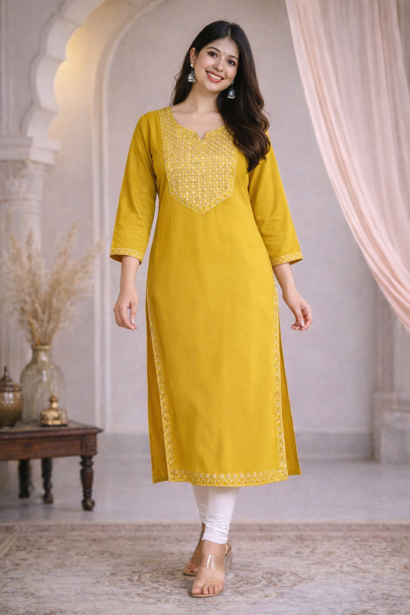 Premium Blue/Mustard Embroidered  Mirror Work Kurti