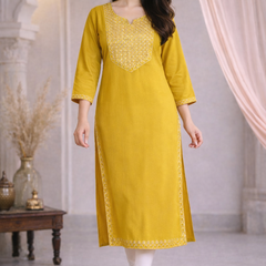 Premium Blue/Mustard Embroidered  Mirror Work Kurti