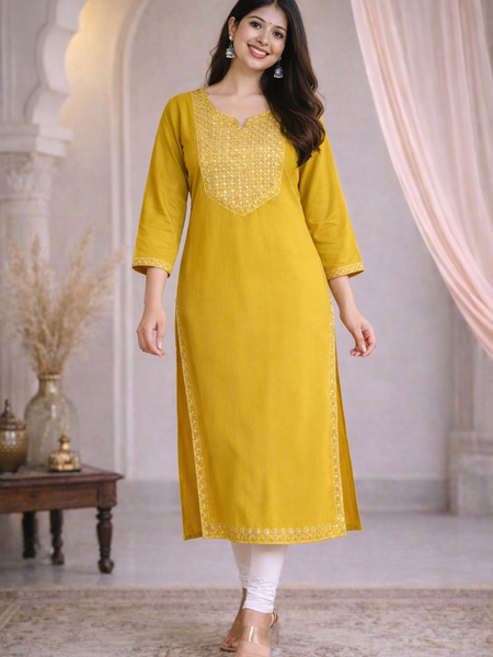 Premium Mustard/Blue Embroidered  Mirror Work Kurti
