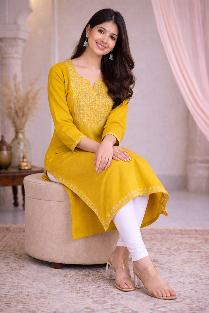 Premium Blue/Mustard Embroidered  Mirror Work Kurti
