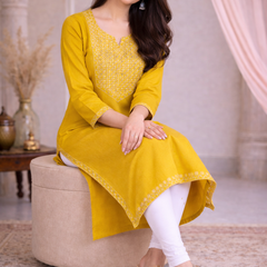 Premium Blue/Mustard Embroidered  Mirror Work Kurti