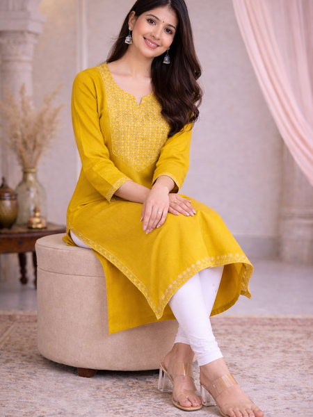 Premium Mustard/Blue Embroidered  Mirror Work Kurti