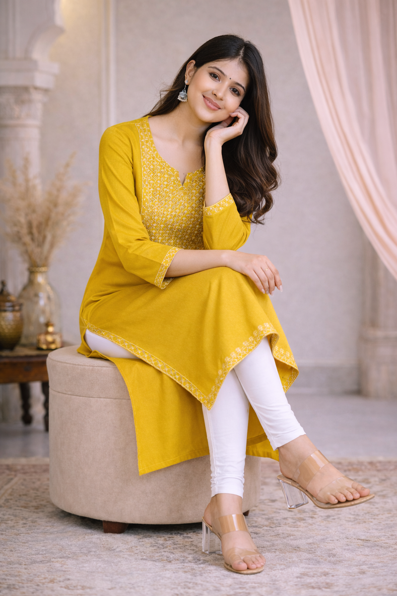 Premium Blue/Mustard Embroidered  Mirror Work Kurti