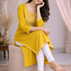 Premium Blue/Mustard Embroidered  Mirror Work Kurti