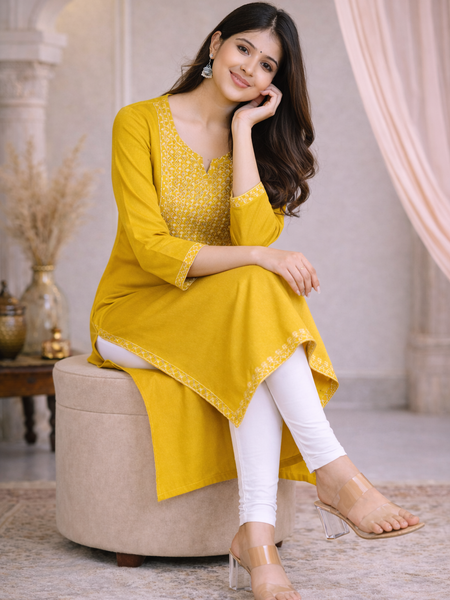 Premium Mustard/Blue Embroidered  Mirror Work Kurti