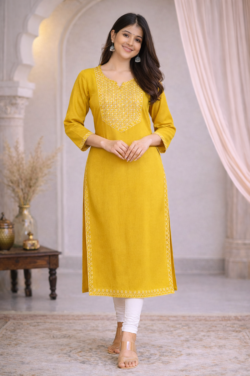 Premium Blue/Mustard Embroidered  Mirror Work Kurti