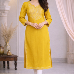 Premium Blue/Mustard Embroidered  Mirror Work Kurti