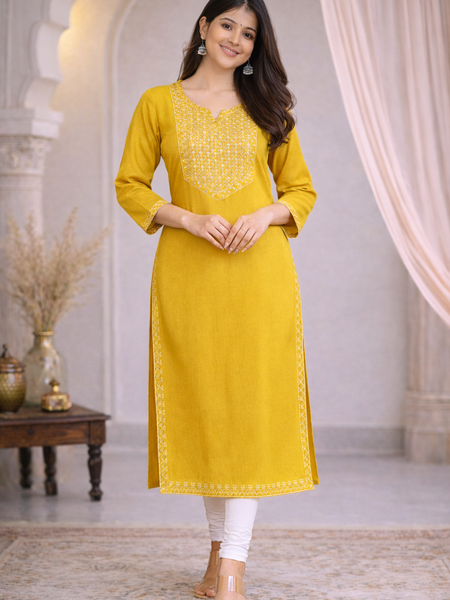 Premium Blue/Mustard Embroidered  Mirror Work Kurti