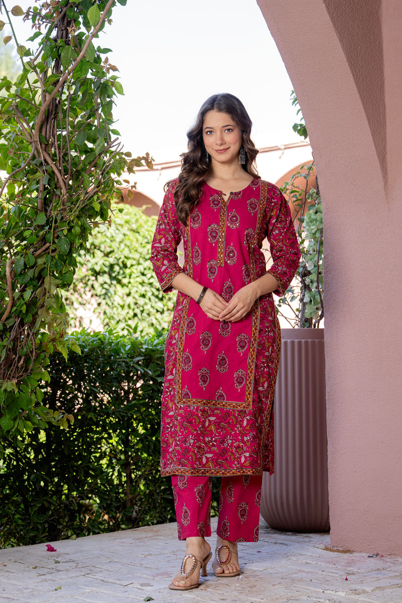 Red Printed Elegant Cotton Ethnic Suit with Handwork