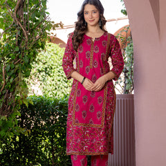 Red Printed Elegant Cotton Ethnic Suit with Handwork