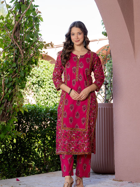 Red Printed Elegant Cotton Ethnic Suit with Handwork