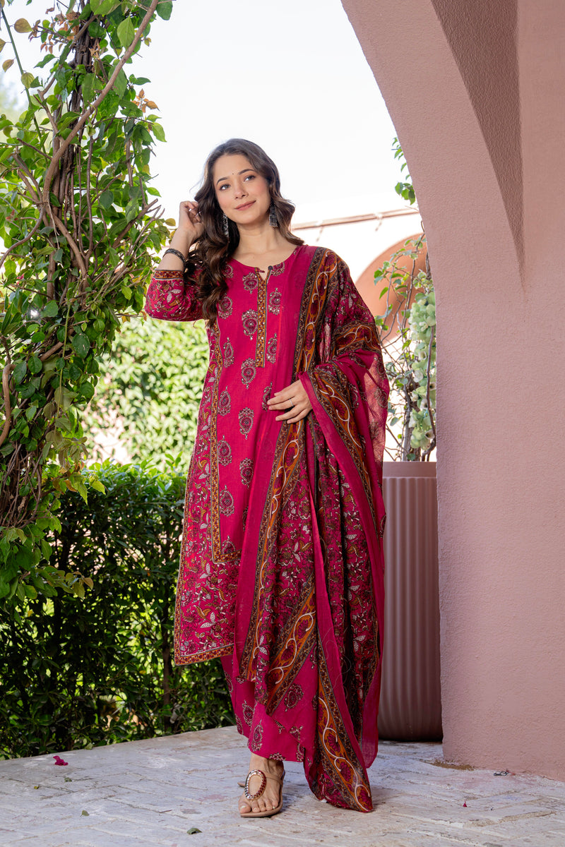 Red Printed Elegant Cotton Ethnic Suit with Handwork