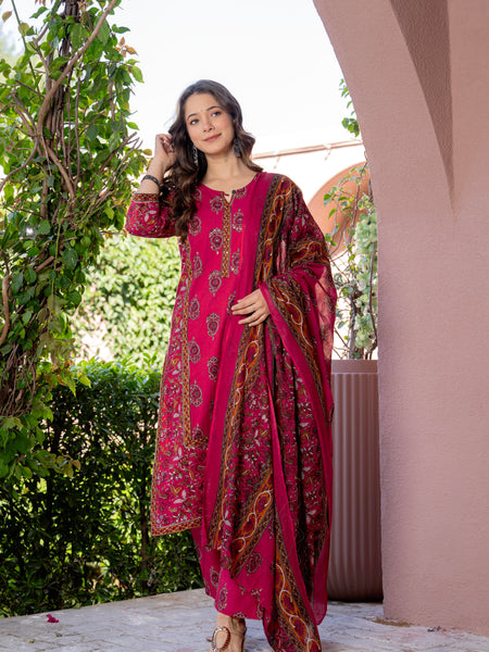 Red Printed Elegant Cotton Ethnic Suit with Handwork