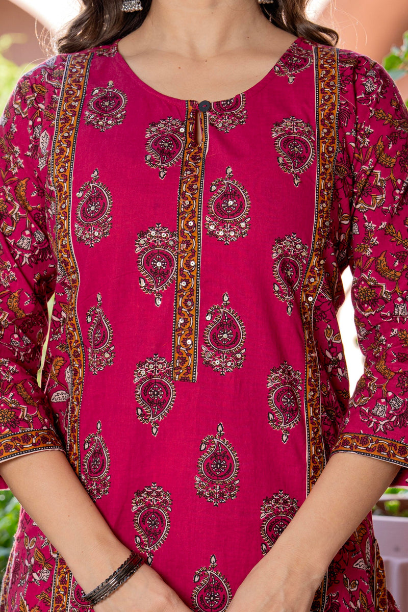 Red Printed Elegant Cotton Ethnic Suit with Handwork