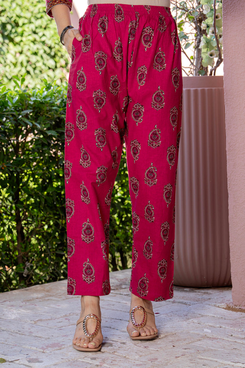 Red Printed Elegant Cotton Ethnic Suit with Handwork