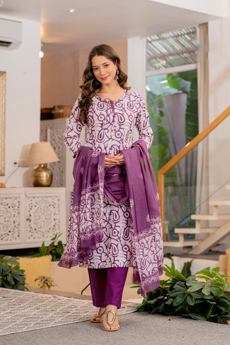 Purple Printed Ethnic Suit Set With Premium Handwork