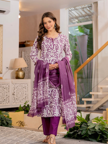 Purple Printed Ethnic Suit Set With Premium Handwork