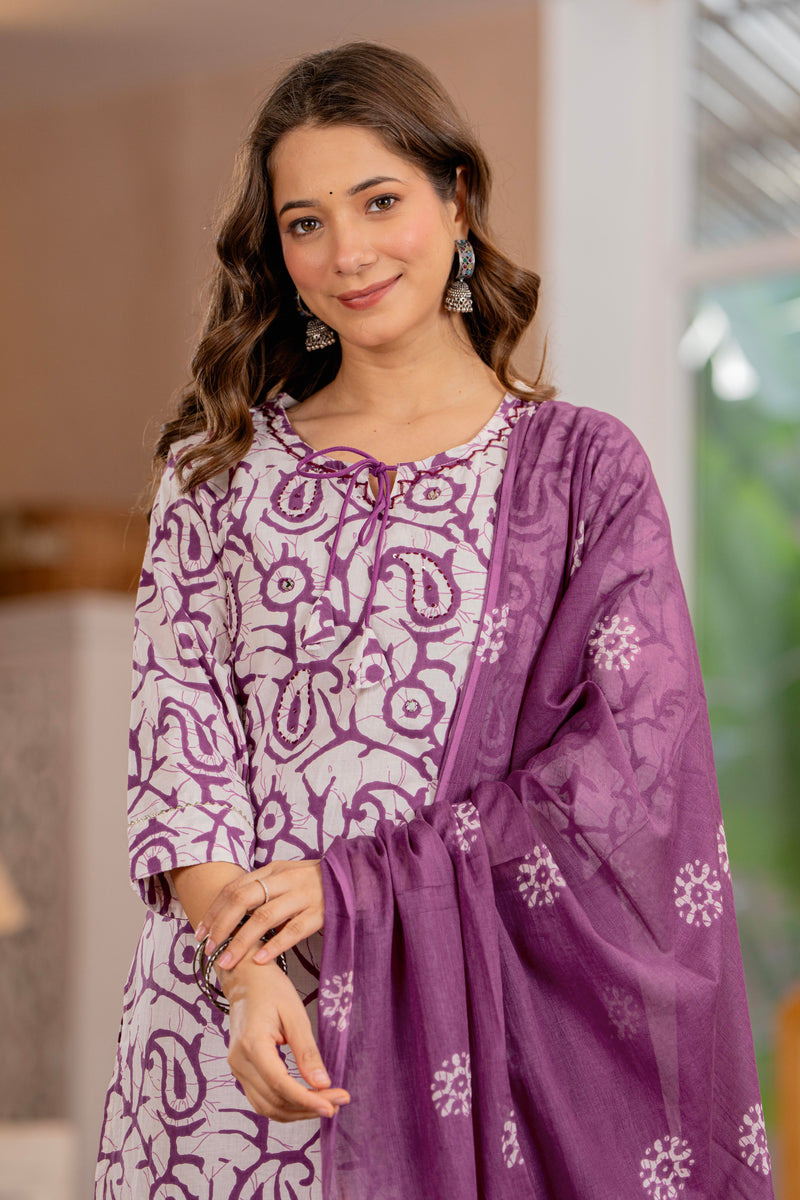 Purple Printed Ethnic Suit Set With Premium Handwork