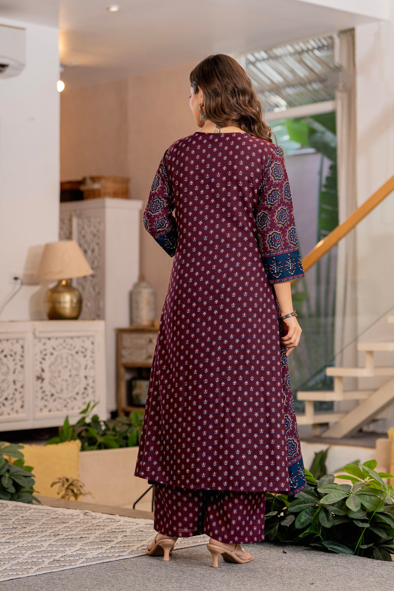 Burgundy A-Line Kurta Suit Set with Palazzo & Dupatta