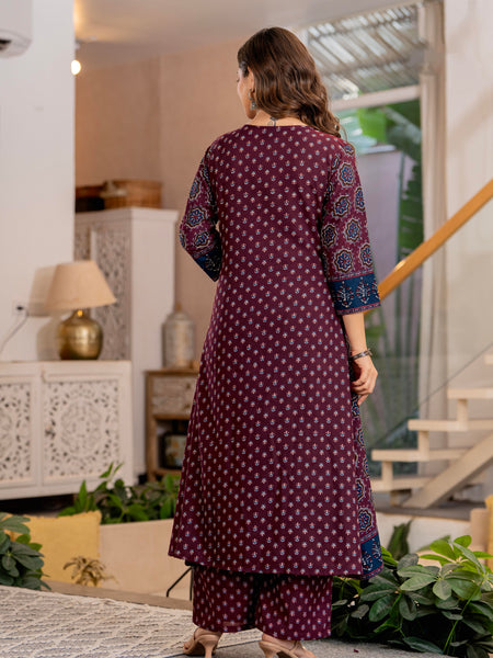 Burgundy A-Line Kurta Suit Set with Palazzo & Dupatta