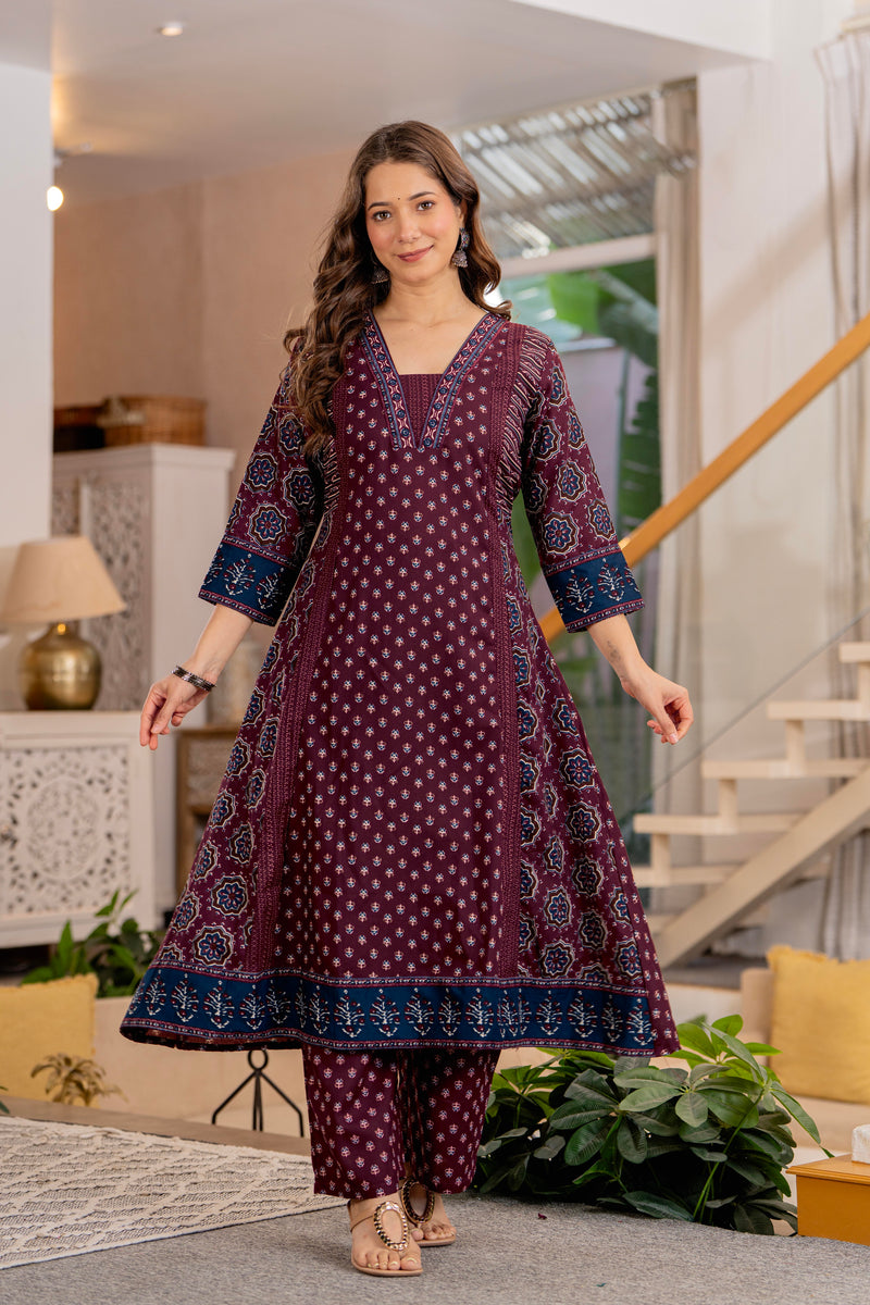 Burgundy A-Line Kurta Suit Set with Palazzo & Dupatta
