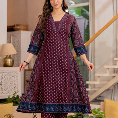 Burgundy A-Line Kurta Suit Set with Palazzo & Dupatta