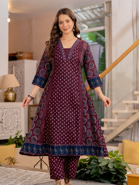 Burgundy A-Line Kurta Suit Set with Palazzo & Dupatta