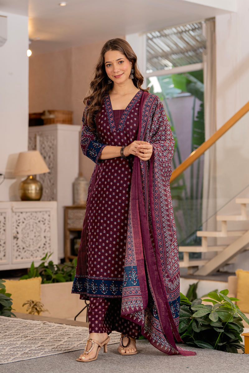 Burgundy A-Line Kurta Suit Set with Palazzo & Dupatta