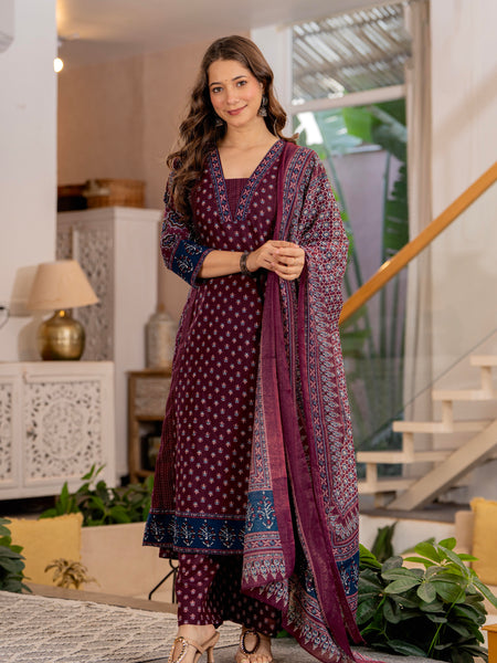 Burgundy A-Line Kurta Suit Set with Palazzo & Dupatta