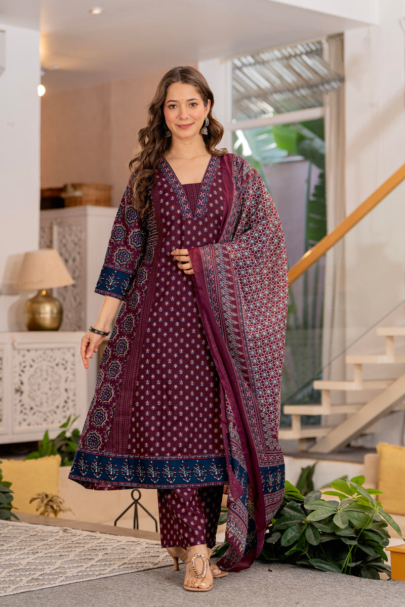 Burgundy A-Line Kurta Suit Set with Palazzo & Dupatta