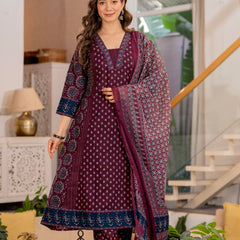 Burgundy A-Line Kurta Suit Set with Palazzo & Dupatta