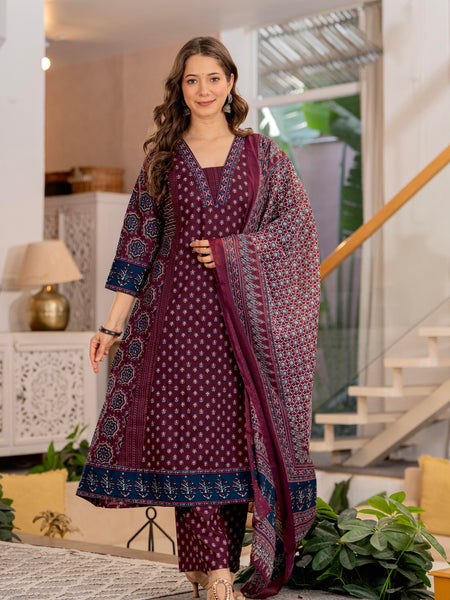 Burgundy A-Line Kurta Suit Set with Palazzo & Dupatta