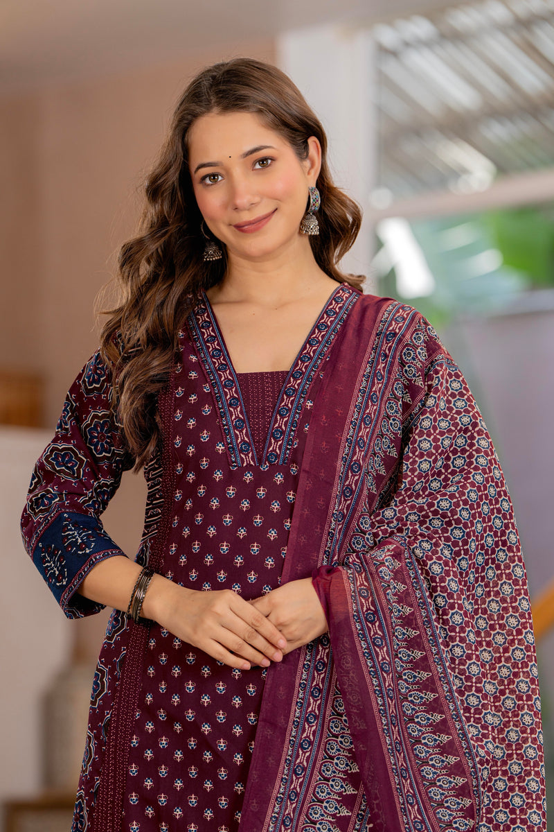Burgundy A-Line Kurta Suit Set with Palazzo & Dupatta