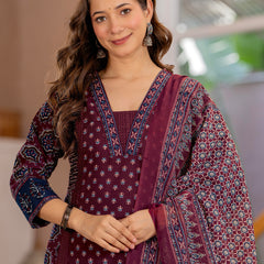 Burgundy A-Line Kurta Suit Set with Palazzo & Dupatta